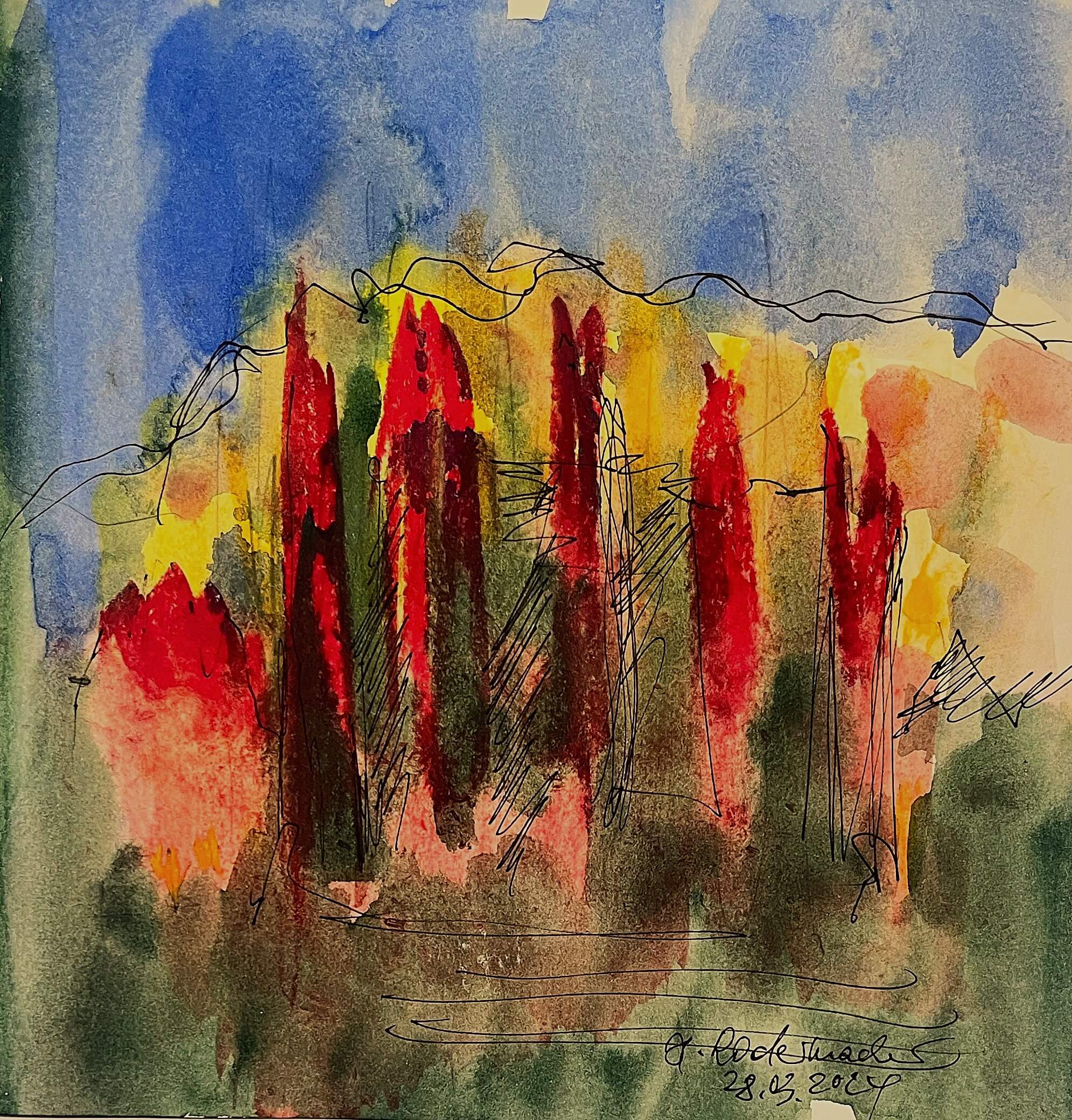 Bild 3_En Provence I, 28.3.2024, Aquarell, Pastell und Tusche, 20 x 20 cm