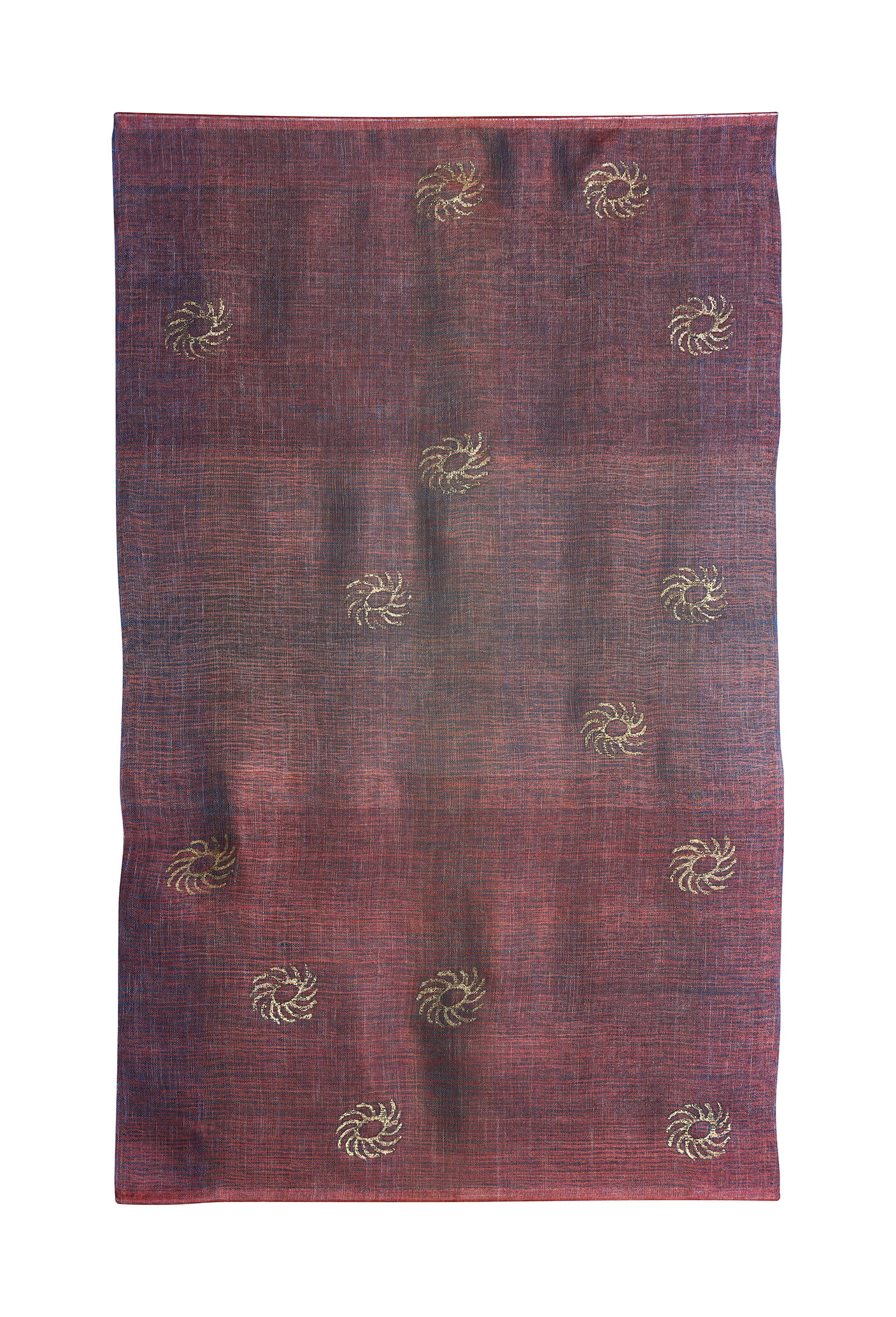 Whirling rosettes Seide, pflanzengefärbt, gewebt, bemalt mit Echtgoldpigmenten, Reisstärke 1,50 m X 0,93 m. Motive aus altpersischen Textilmusterungen